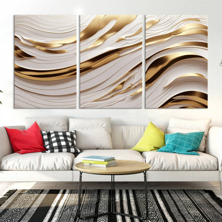 Modern Abstract Gold and White Canvas Wall Art Print - Multi Panel Contemporary Luxury Wall Art Canvas Print for Living Room or Office, Ready to Hang