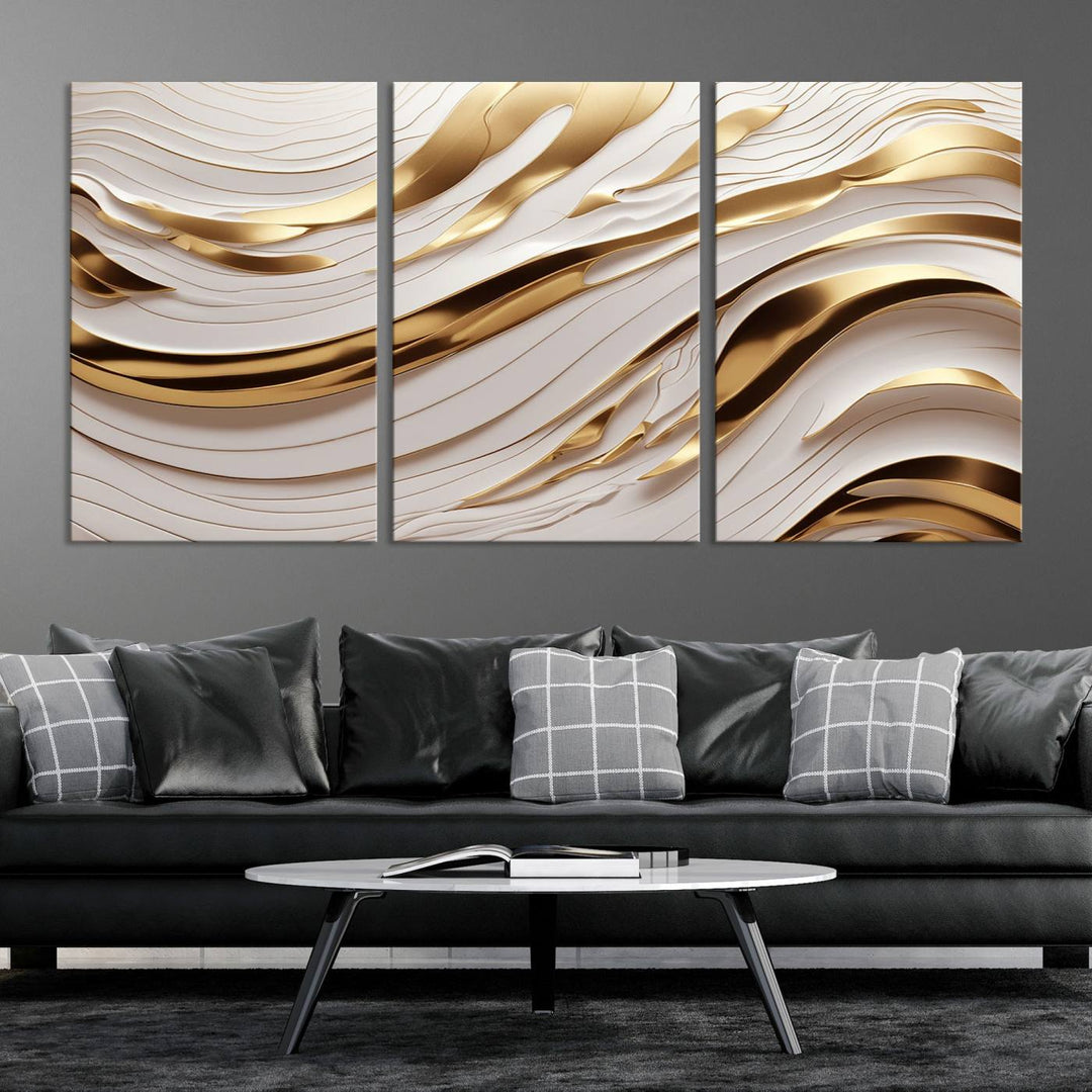 Modern Abstract Gold and White Canvas Wall Art Print - Multi Panel Contemporary Luxury Wall Art Canvas Print for Living Room or Office, Ready to Hang