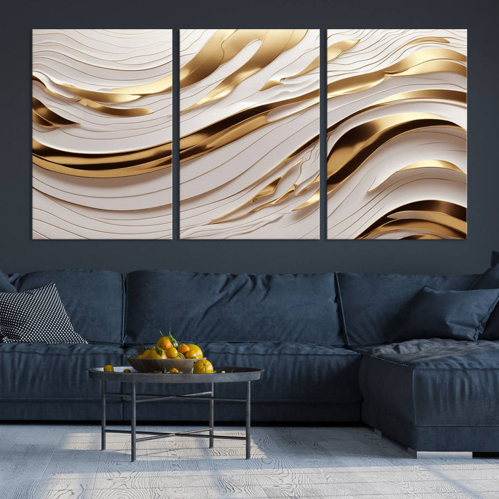 Modern Abstract Gold and White Canvas Wall Art Print - Multi Panel Contemporary Luxury Wall Art Canvas Print for Living Room or Office, Ready to Hang