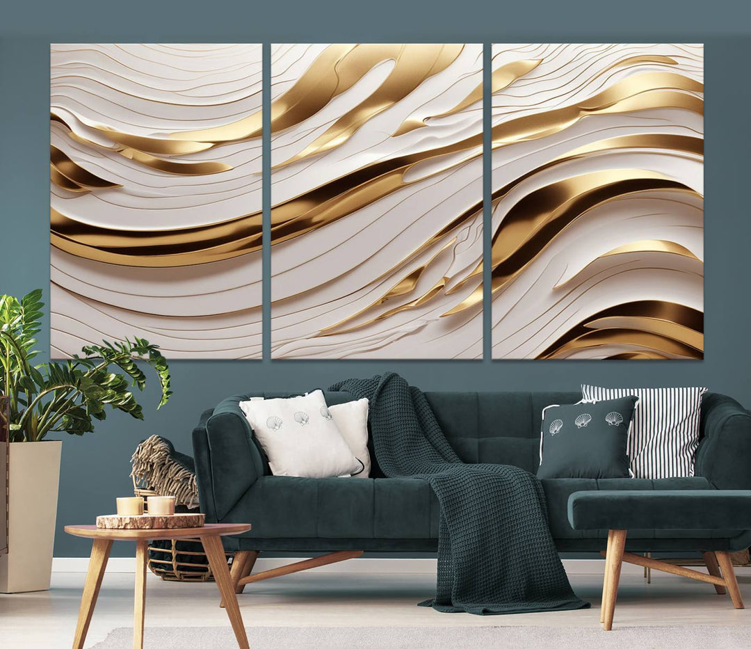 Modern Abstract Gold and White Canvas Wall Art Print - Multi Panel Contemporary Luxury Wall Art Canvas Print for Living Room or Office, Ready to Hang