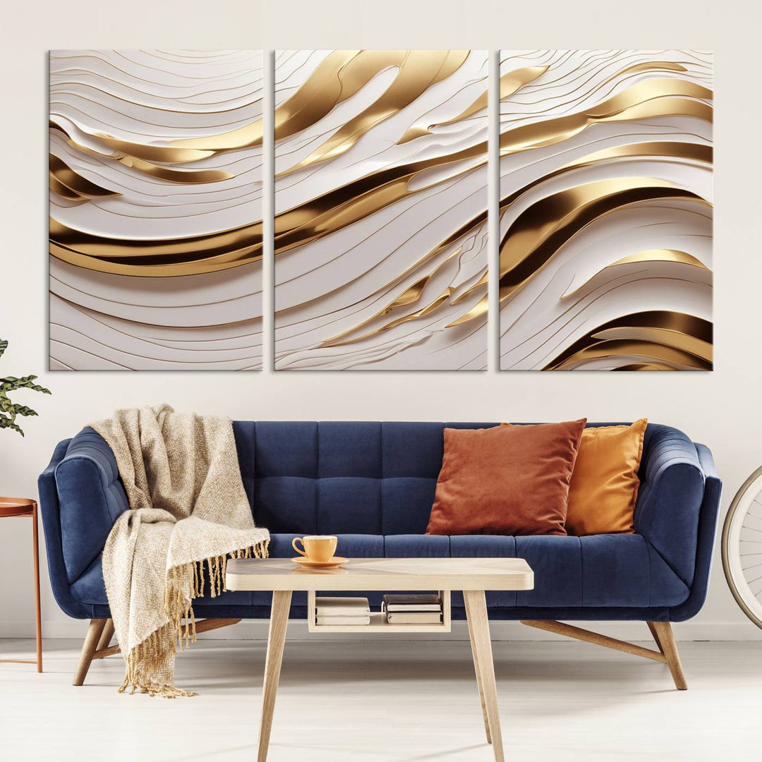 Modern Abstract Gold and White Canvas Wall Art Print - Multi Panel Contemporary Luxury Wall Art Canvas Print for Living Room or Office, Ready to Hang