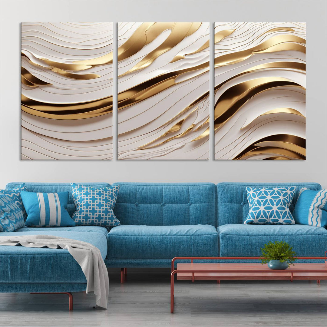 Modern Abstract Gold and White Canvas Wall Art Print - Multi Panel Contemporary Luxury Wall Art Canvas Print for Living Room or Office, Ready to Hang