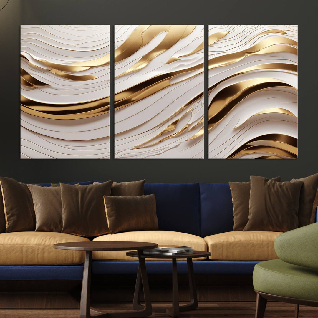 Modern Abstract Gold and White Canvas Wall Art Print - Multi Panel Contemporary Luxury Wall Art Canvas Print for Living Room or Office, Ready to Hang