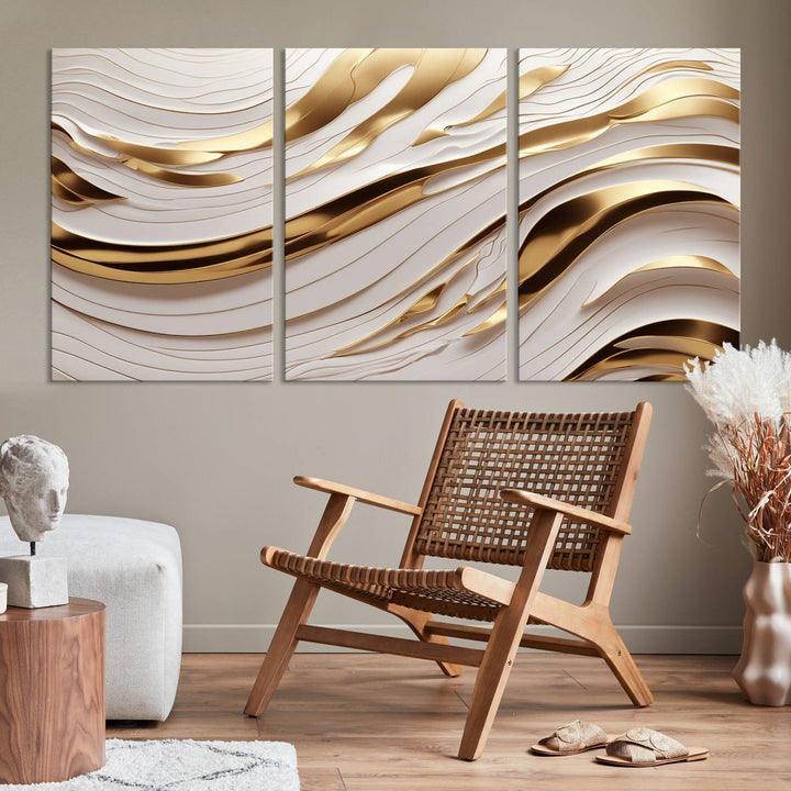 Modern Abstract Gold and White Canvas Wall Art Print - Multi Panel Contemporary Luxury Wall Art Canvas Print for Living Room or Office, Ready to Hang