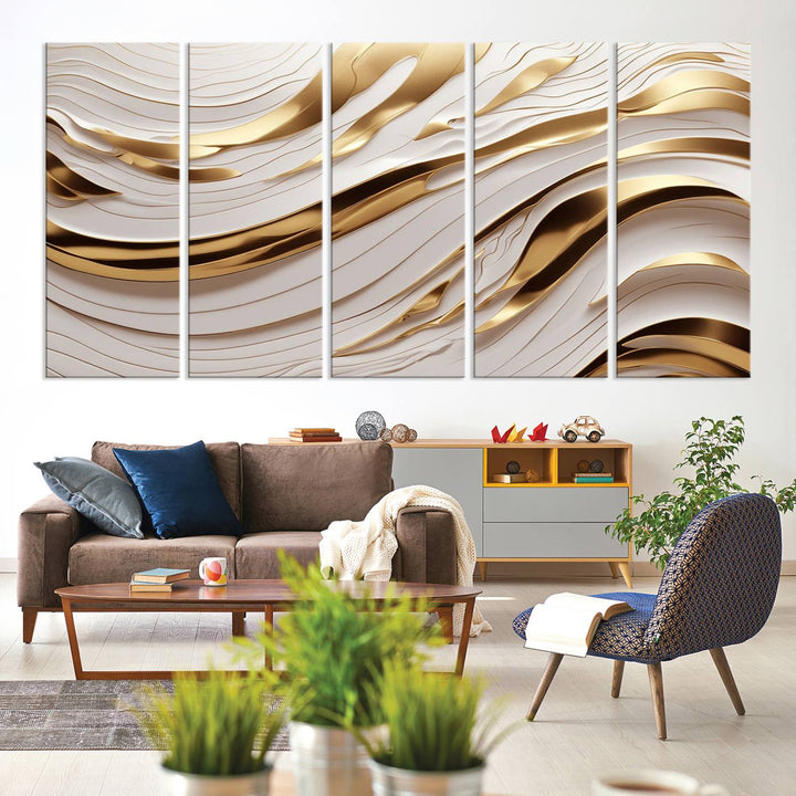 Modern Abstract Gold and White Canvas Wall Art Print - Multi Panel Contemporary Luxury Wall Art Canvas Print for Living Room or Office, Ready to Hang