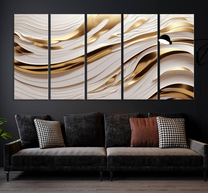 Modern Abstract Gold and White Canvas Wall Art Print - Multi Panel Contemporary Luxury Wall Art Canvas Print for Living Room or Office, Ready to Hang