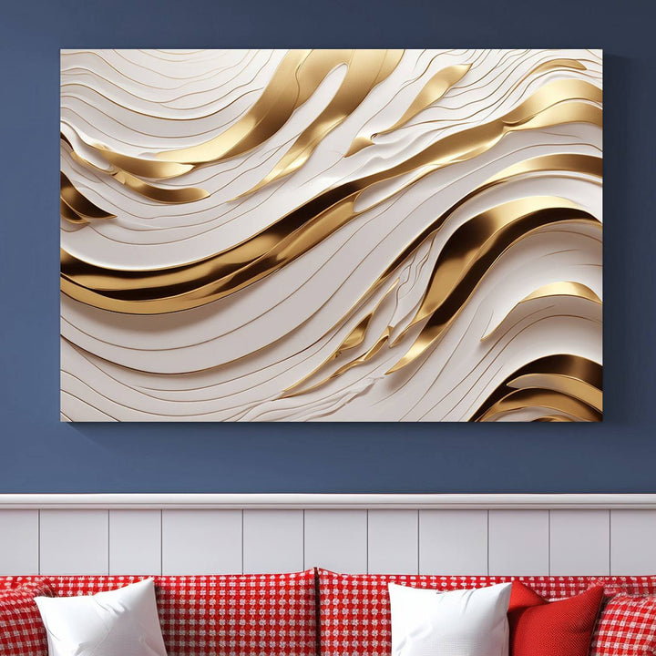 Modern Abstract Gold and White Canvas Wall Art Print - Multi Panel Contemporary Luxury Wall Art Canvas Print for Living Room or Office, Ready to Hang