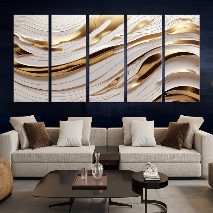 Modern Abstract Gold and White Canvas Wall Art Print - Multi Panel Contemporary Luxury Wall Art Canvas Print for Living Room or Office, Ready to Hang