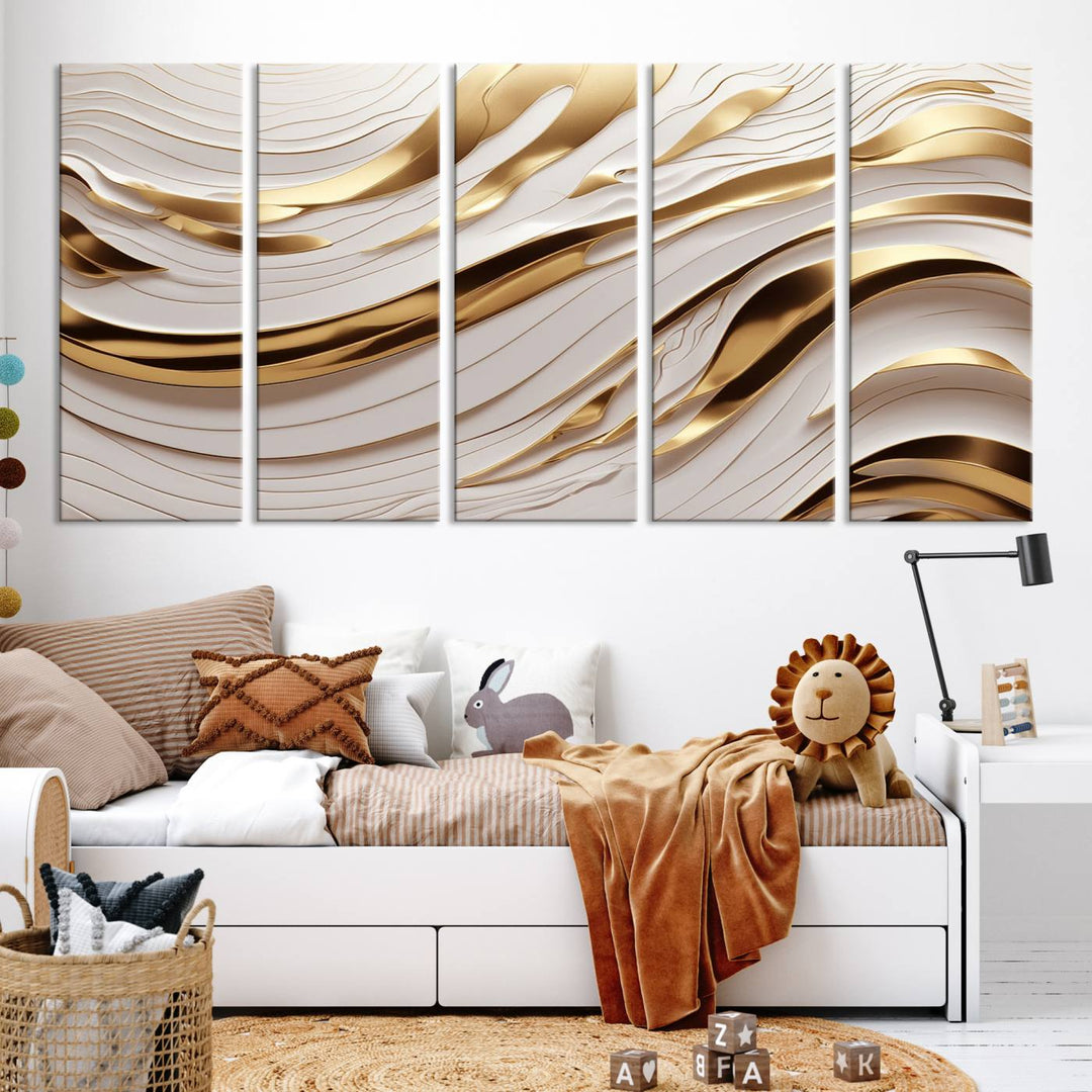 Modern Abstract Gold and White Canvas Wall Art Print - Multi Panel Contemporary Luxury Wall Art Canvas Print for Living Room or Office, Ready to Hang