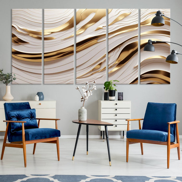 Modern Abstract Gold and White Canvas Wall Art Print - Multi Panel Contemporary Luxury Wall Art Canvas Print for Living Room or Office, Ready to Hang