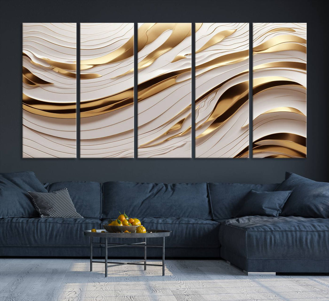 Modern Abstract Gold and White Canvas Wall Art Print - Multi Panel Contemporary Luxury Wall Art Canvas Print for Living Room or Office, Ready to Hang