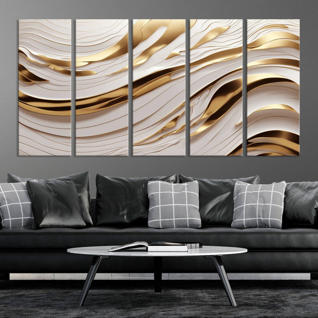 Modern Abstract Gold and White Canvas Wall Art Print - Multi Panel Contemporary Luxury Wall Art Canvas Print for Living Room or Office, Ready to Hang