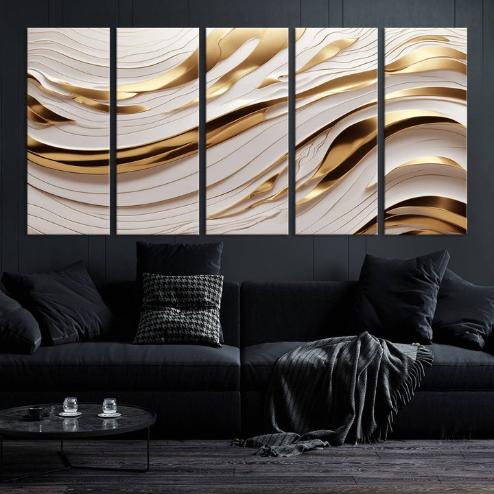 Modern Abstract Gold and White Canvas Wall Art Print - Multi Panel Contemporary Luxury Wall Art Canvas Print for Living Room or Office, Ready to Hang