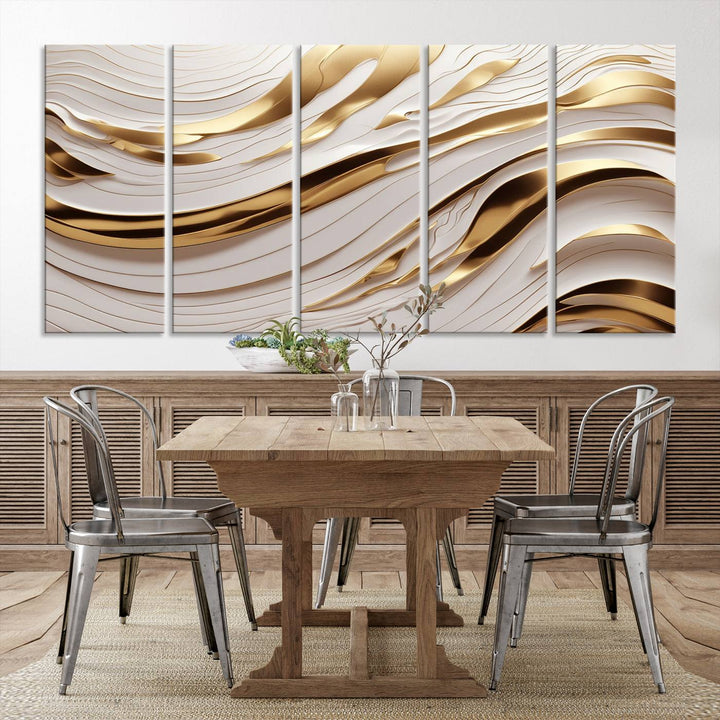 Modern Abstract Gold and White Canvas Wall Art Print - Multi Panel Contemporary Luxury Wall Art Canvas Print for Living Room or Office, Ready to Hang