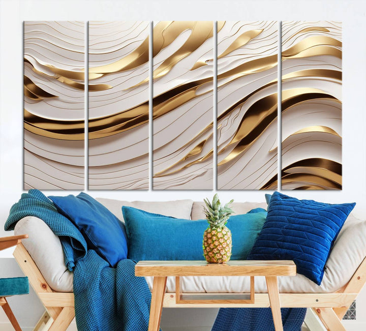 Modern Abstract Gold and White Canvas Wall Art Print - Multi Panel Contemporary Luxury Wall Art Canvas Print for Living Room or Office, Ready to Hang