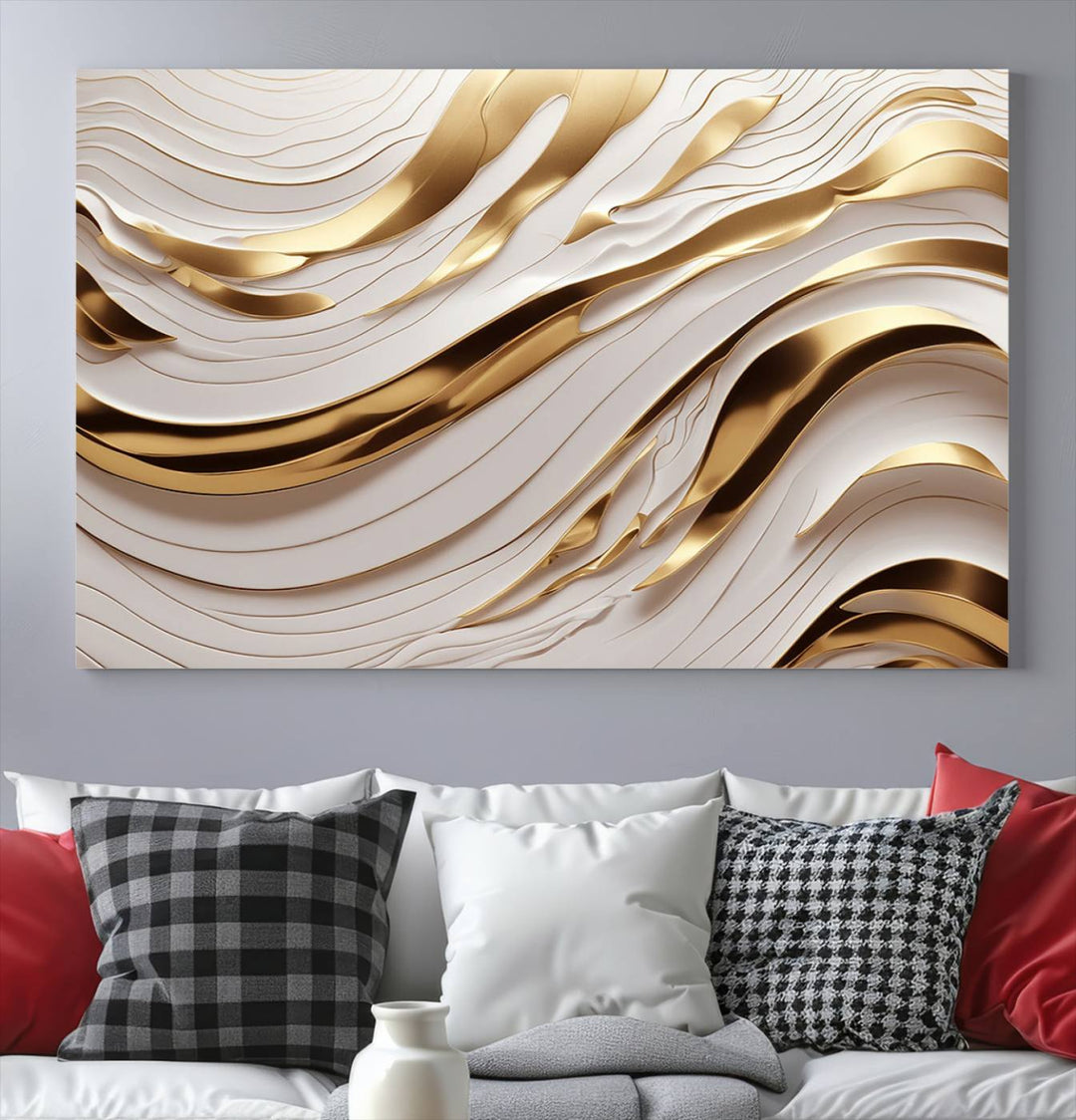 Modern Abstract Gold and White Canvas Wall Art Print - Multi Panel Contemporary Luxury Wall Art Canvas Print for Living Room or Office, Ready to Hang