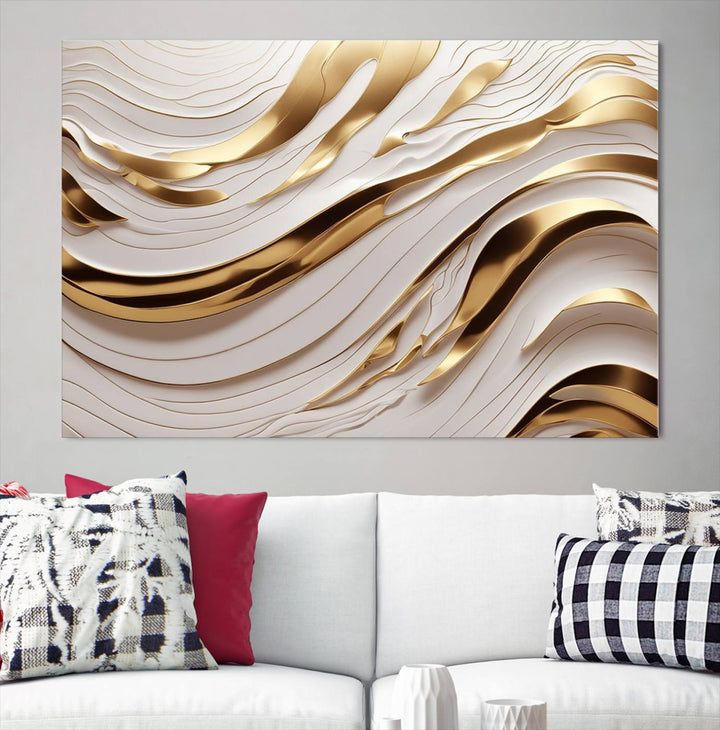 Modern Abstract Gold and White Canvas Wall Art Print - Multi Panel Contemporary Luxury Wall Art Canvas Print for Living Room or Office, Ready to Hang