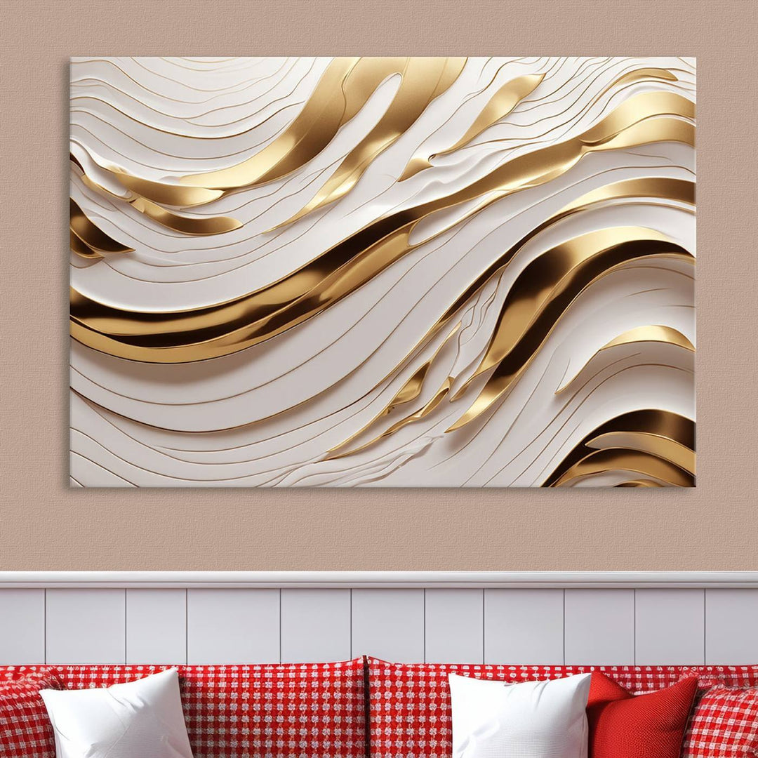 Modern Abstract Gold and White Canvas Wall Art Print - Multi Panel Contemporary Luxury Wall Art Canvas Print for Living Room or Office, Ready to Hang