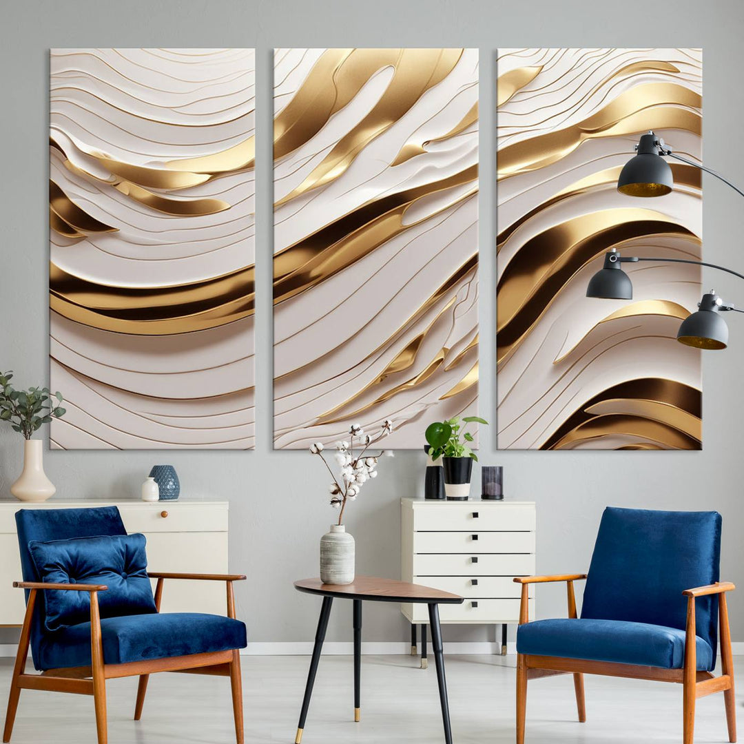 Modern Abstract Gold and White Canvas Wall Art Print - Multi Panel Contemporary Luxury Wall Art Canvas Print for Living Room or Office, Ready to Hang