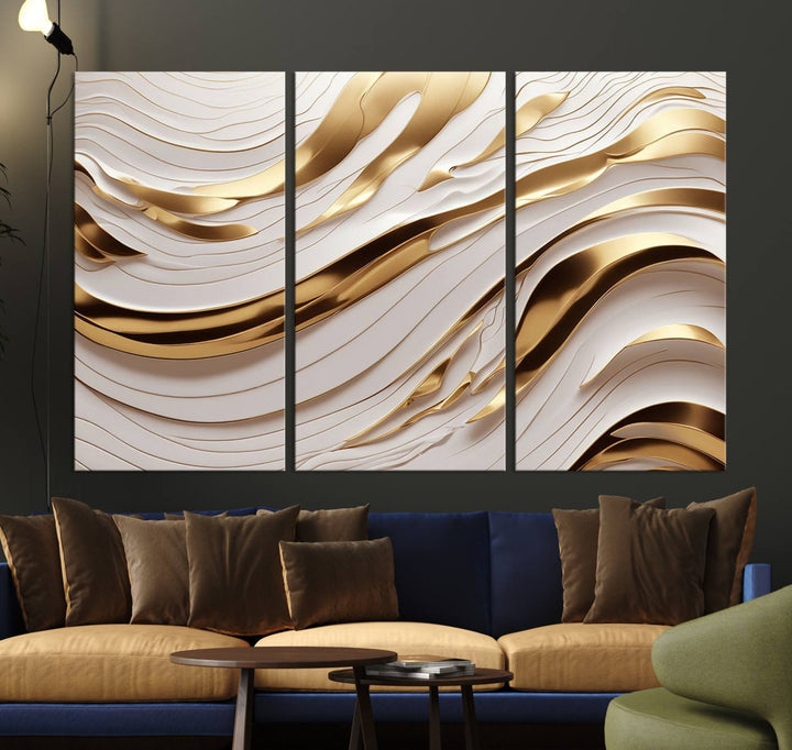 Modern Abstract Gold and White Canvas Wall Art Print - Multi Panel Contemporary Luxury Wall Art Canvas Print for Living Room or Office, Ready to Hang