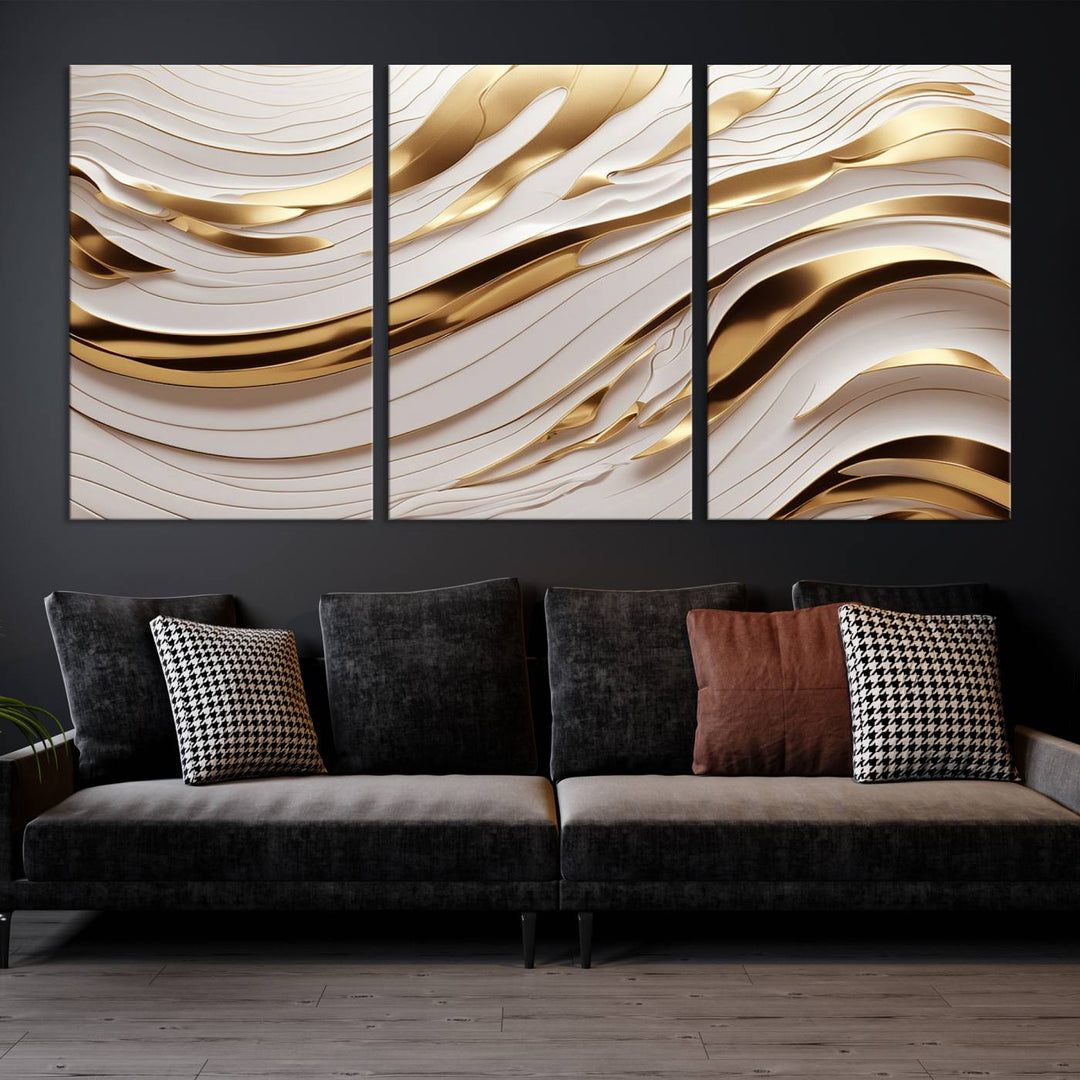 Modern Abstract Gold and White Canvas Wall Art Print - Multi Panel Contemporary Luxury Wall Art Canvas Print for Living Room or Office, Ready to Hang