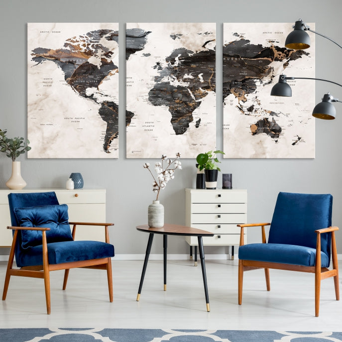 Large Modern Marble Style World Map Canvas Print Wall Art