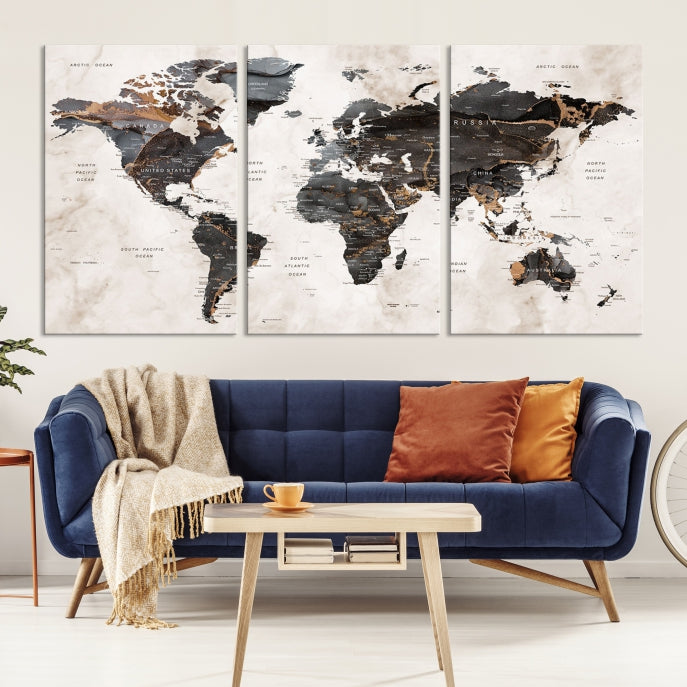 Large Modern Marble Style World Map Canvas Print Wall Art