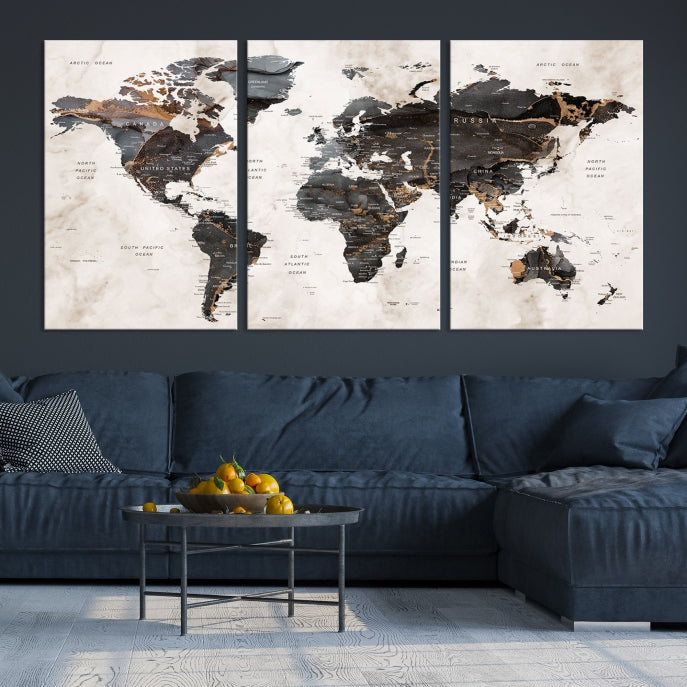 Large Modern Marble Style World Map Canvas Print Wall Art