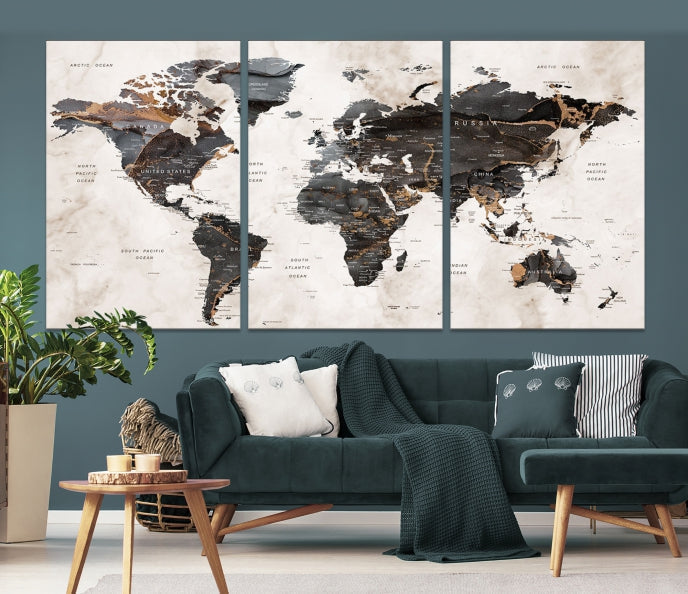 Large Modern Marble Style World Map Canvas Print Wall Art