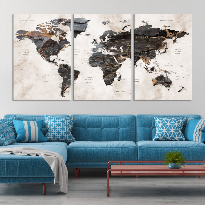 Large Modern Marble Style World Map Canvas Print Wall Art