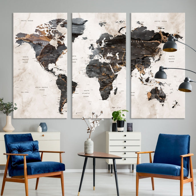 Large Modern Marble Style World Map Canvas Print Wall Art