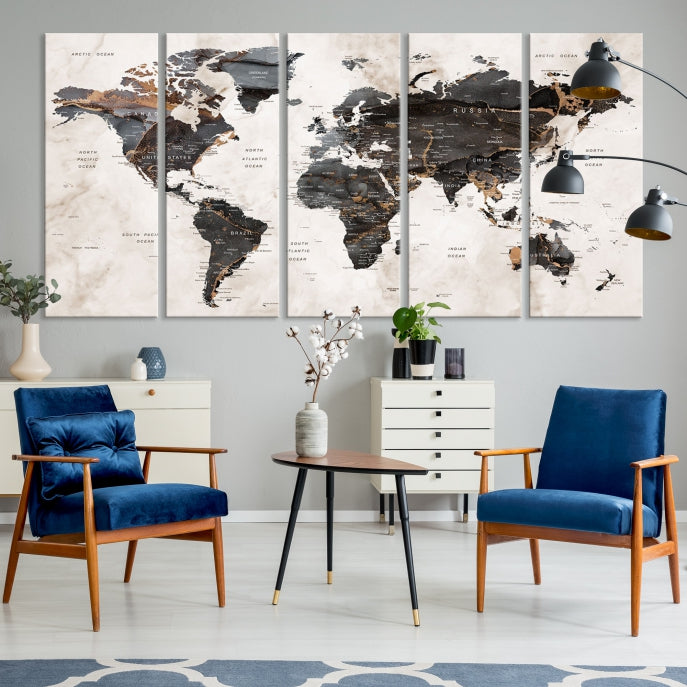 Large Modern Marble Style World Map Canvas Print Wall Art