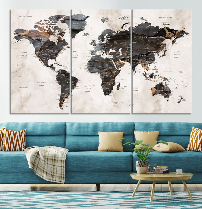 Large Modern Marble Style World Map Canvas Print Wall Art