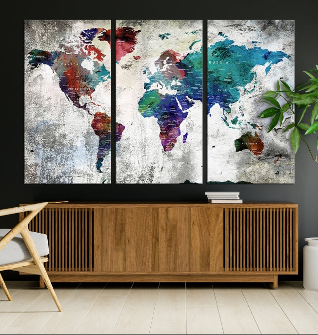 Modern Colorful World Map with Push Pins Detailed Map Canvas Wall Art Print