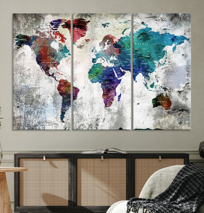 Modern Colorful World Map with Push Pins Detailed Map Canvas Wall Art Print