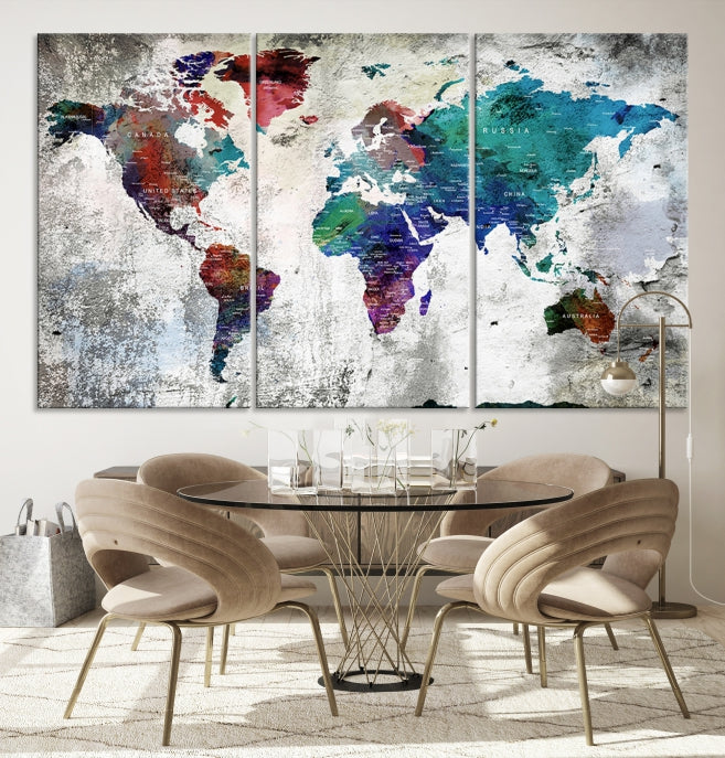 Modern Colorful World Map with Push Pins Detailed Map Canvas Wall Art Print