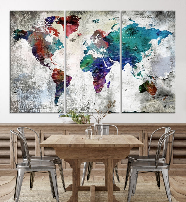 Modern Colorful World Map with Push Pins Detailed Map Canvas Wall Art Print