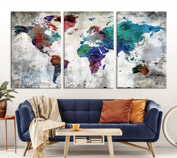 Modern Colorful World Map with Push Pins Detailed Map Canvas Wall Art Print