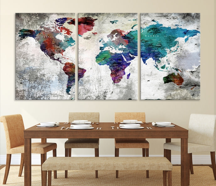 Modern Colorful World Map with Push Pins Detailed Map Canvas Wall Art Print