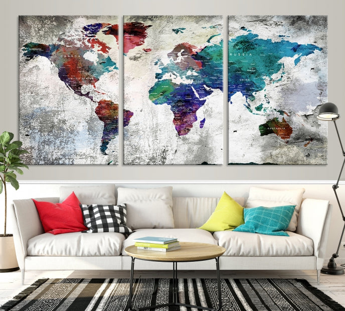 Modern Colorful World Map with Push Pins Detailed Map Canvas Wall Art Print