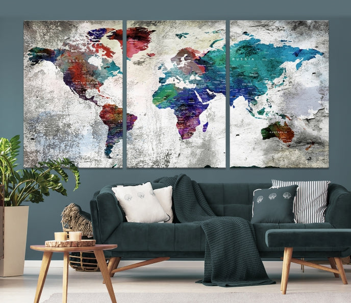 Modern Colorful World Map with Push Pins Detailed Map Canvas Wall Art Print