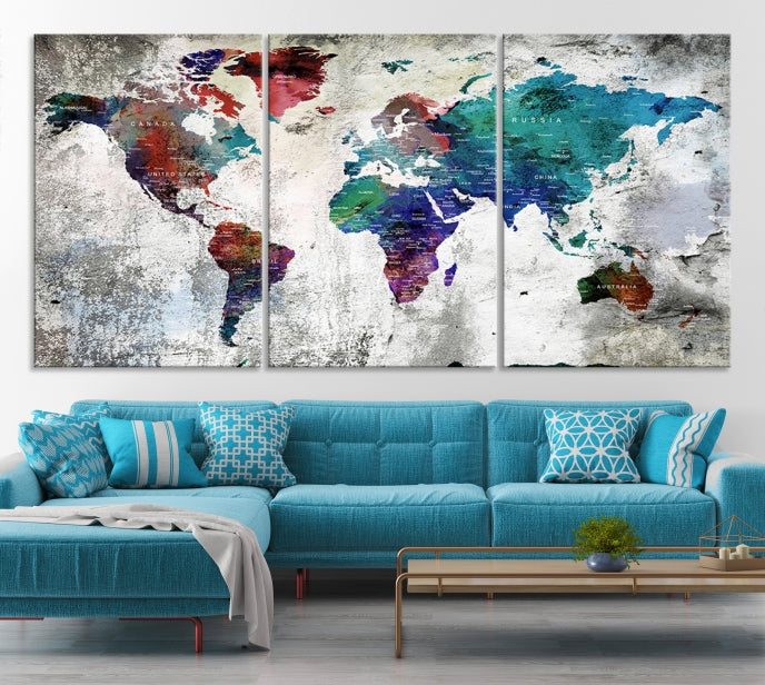 Modern Colorful World Map with Push Pins Detailed Map Canvas Wall Art Print