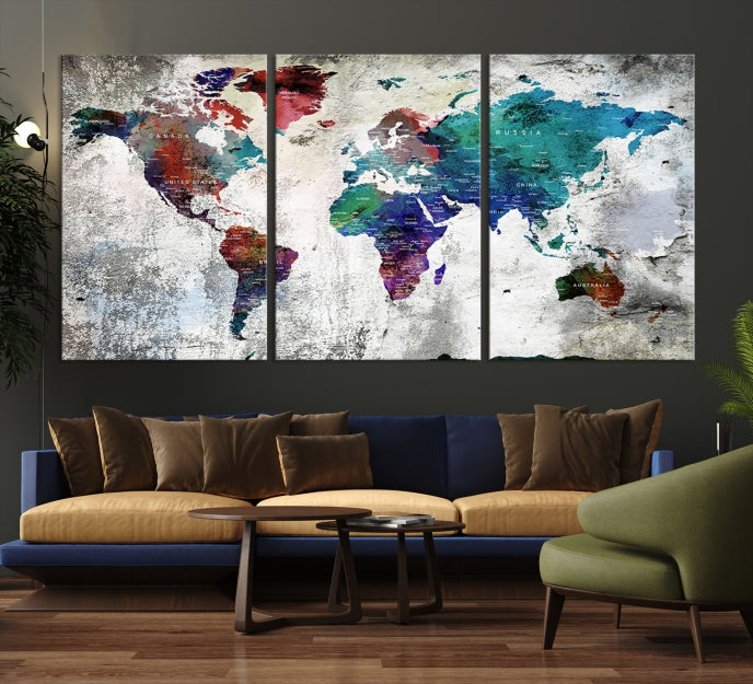 Modern Colorful World Map with Push Pins Detailed Map Canvas Wall Art Print