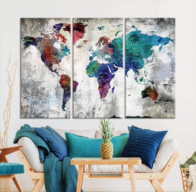 Modern Colorful World Map with Push Pins Detailed Map Canvas Wall Art Print