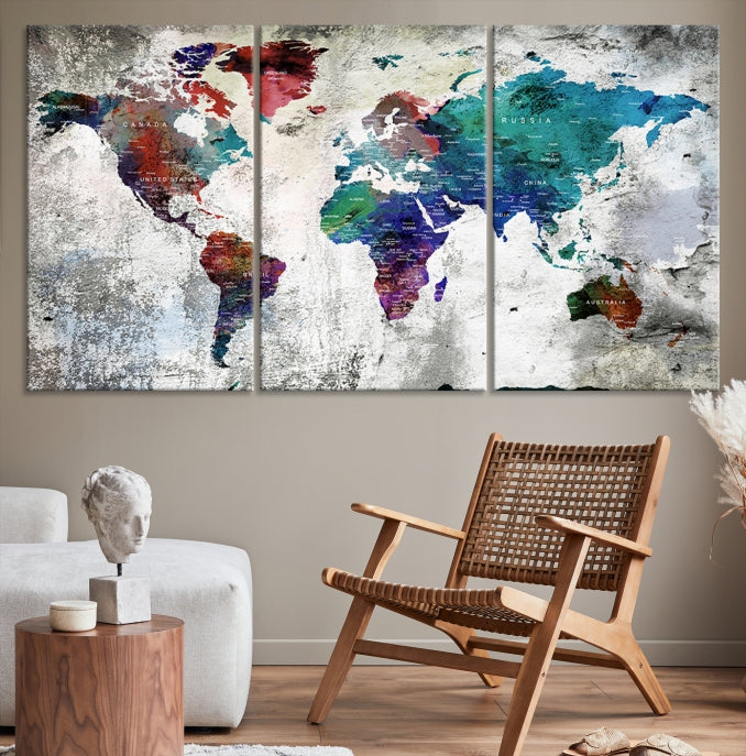 Modern Colorful World Map with Push Pins Detailed Map Canvas Wall Art Print