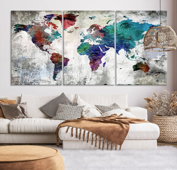 Modern Colorful World Map with Push Pins Detailed Map Canvas Wall Art Print