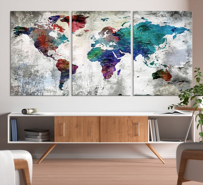 Modern Colorful World Map with Push Pins Detailed Map Canvas Wall Art Print