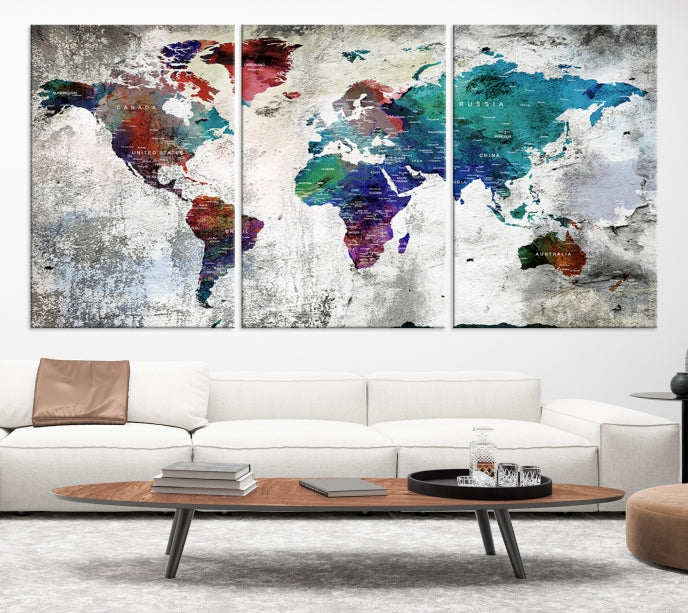 Modern Colorful World Map with Push Pins Detailed Map Canvas Wall Art Print