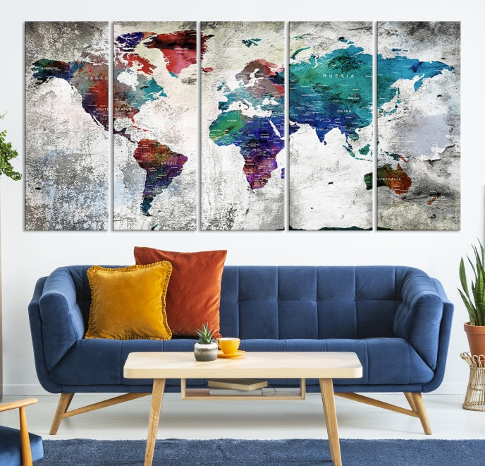 Modern Colorful World Map with Push Pins Detailed Map Canvas Wall Art Print