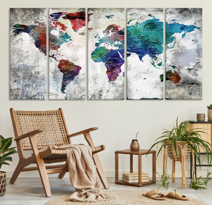 Modern Colorful World Map with Push Pins Detailed Map Canvas Wall Art Print